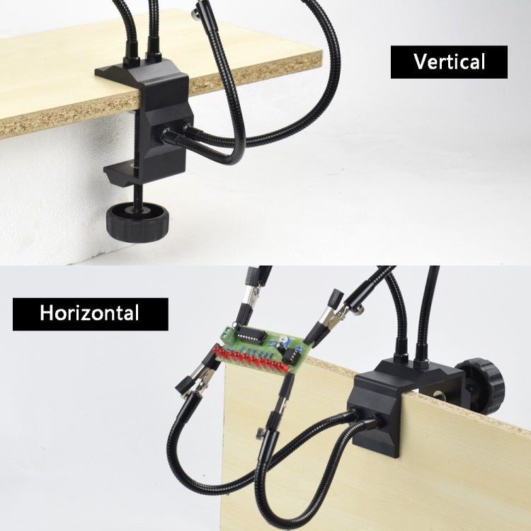 PCB repair station showing horizontal and vertical clamp orientations on workbench