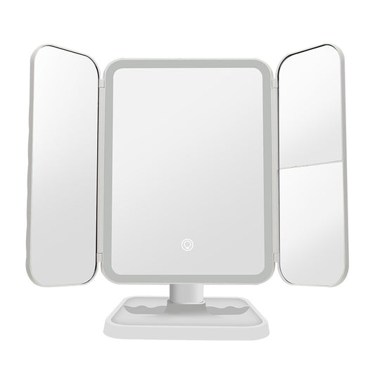 Three-sided folding LED makeup mirror lamp with size measurements on front view