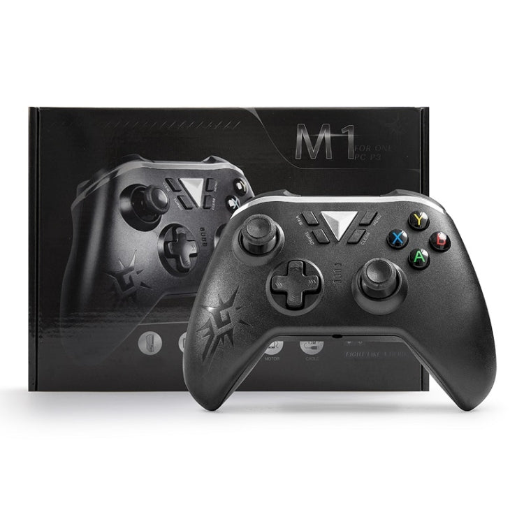 Black wireless gamepad controller shown with retail packaging
