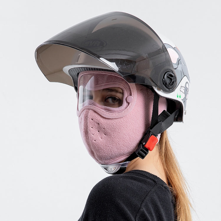 Pink windproof riding goggles face mask under a clear helmet visor with anti-fog lens.