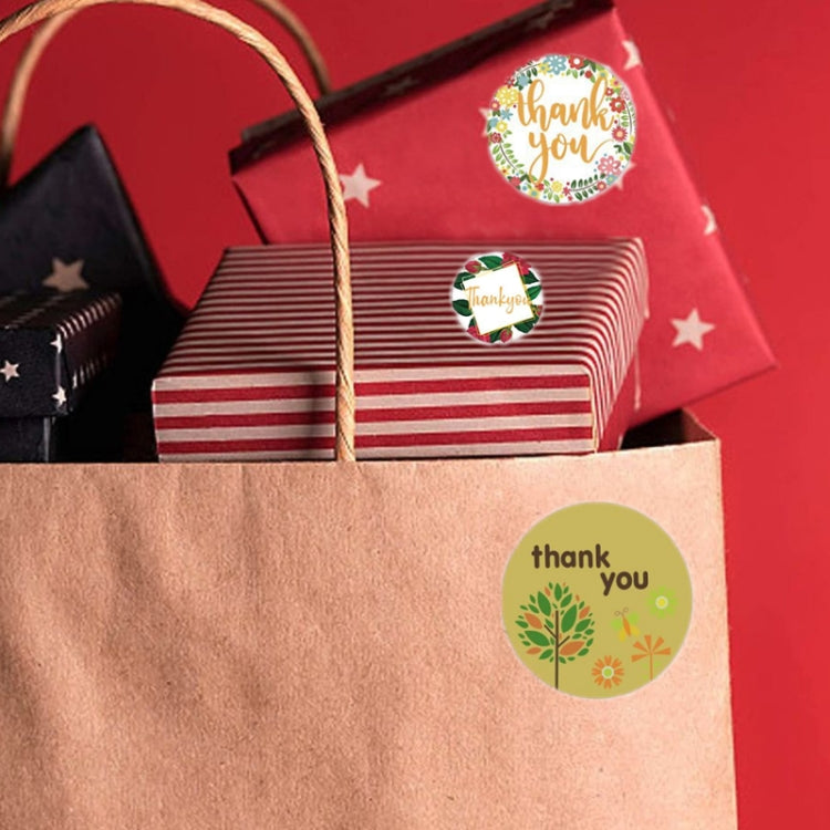 Round thank you tree flower sticker on kraft gift bag, small circular seal
