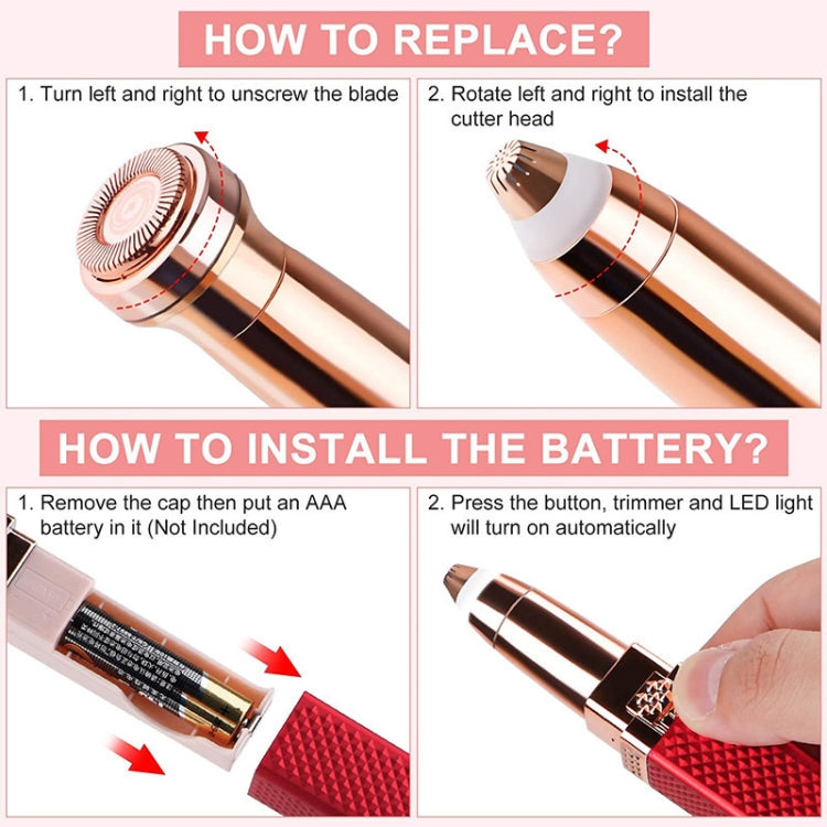 Cordless trimmer showing battery installation steps, rose-gold body and open compartment