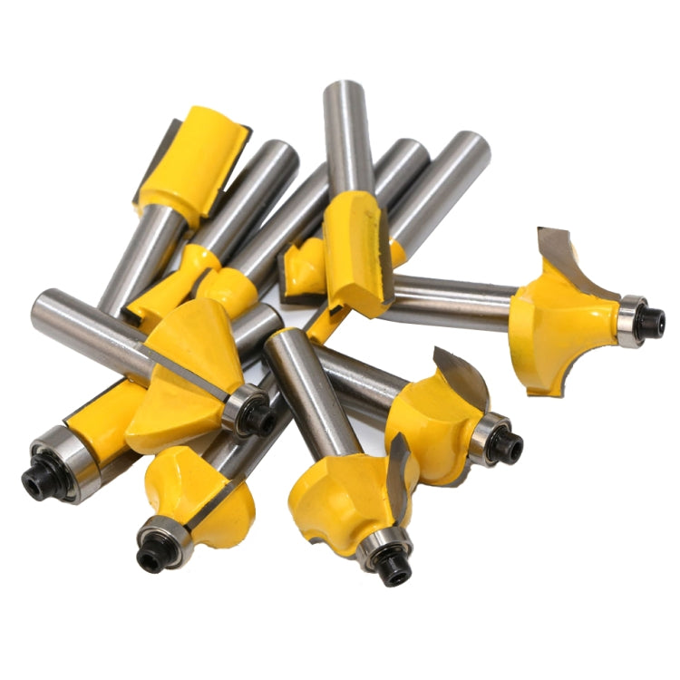 Woodworking engraving trimmer tool set with yellow-handled cutters and steel shafts