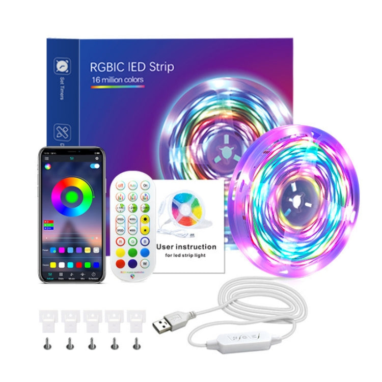 RGBIC LED strip kit with controller app phone, remote, power cable, and reel