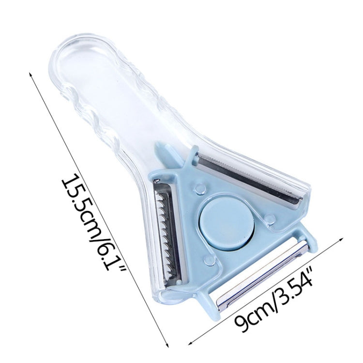 Light blue 3-in-1 vegetable peeler with size dimensions 9cm x 5.5cm