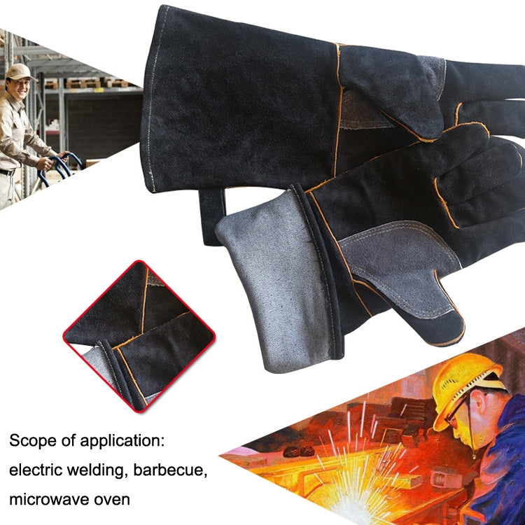 Long dark welding gloves with reinforced gray palm patch and orange stitched seams
