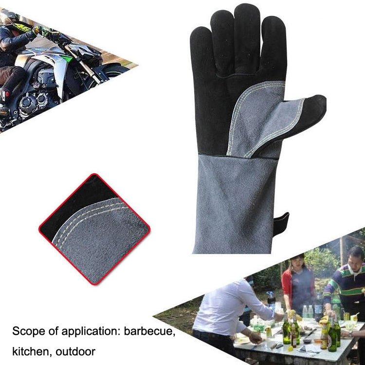 Black and gray barbecue glove with padded palm, thumb patch, and hanging loop