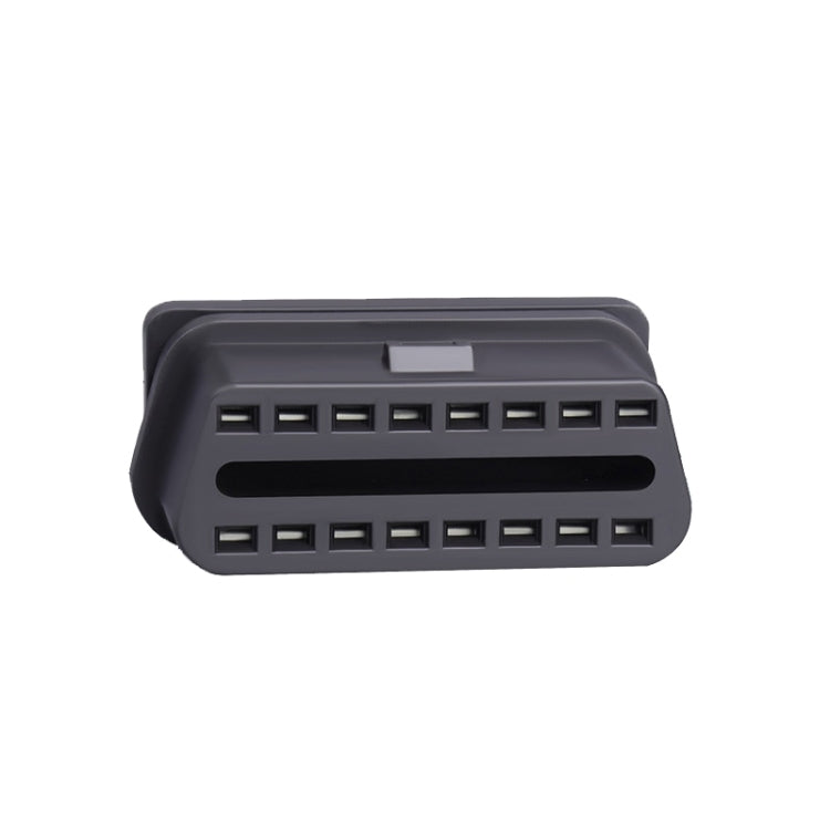 OBD2 16-pin female 90-degree connector socket with pin slot channels, black housing