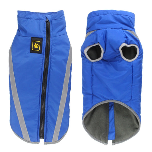 Blue dog winter coat with hood, front zipper, reflective silver stripes, paw logo patch.