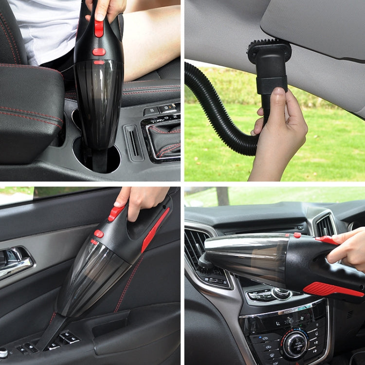 Cordless wet/dry handheld car vacuum in use on car interior with flexible hose attachment