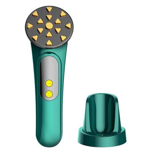 Facial thermal RF beauty device with teal handle and gold circular electrode head