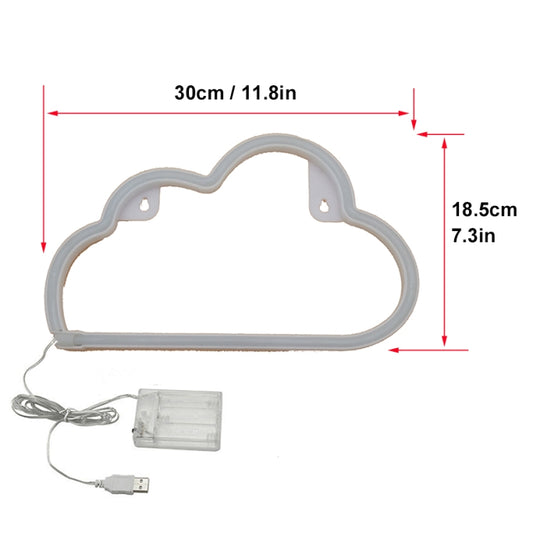 Cloud-shaped LED night light size diagram, gray outline with power cable and box