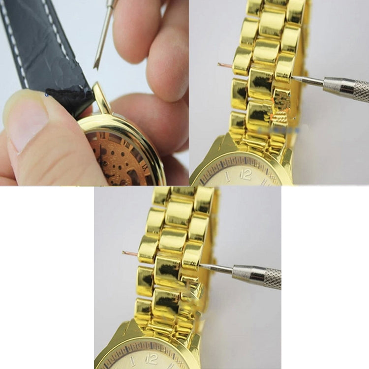 Watch strap repair tool adjusting gold watch bracelet links; screwdriver tip in use