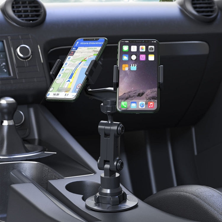 Car interior dashboard rotary phone holder holding two smartphones with twin clamps