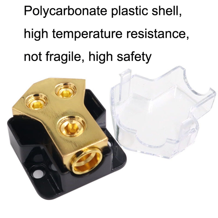 Car audio power splitter terminal block with clear polycarbonate cover, gold top and three terminals
