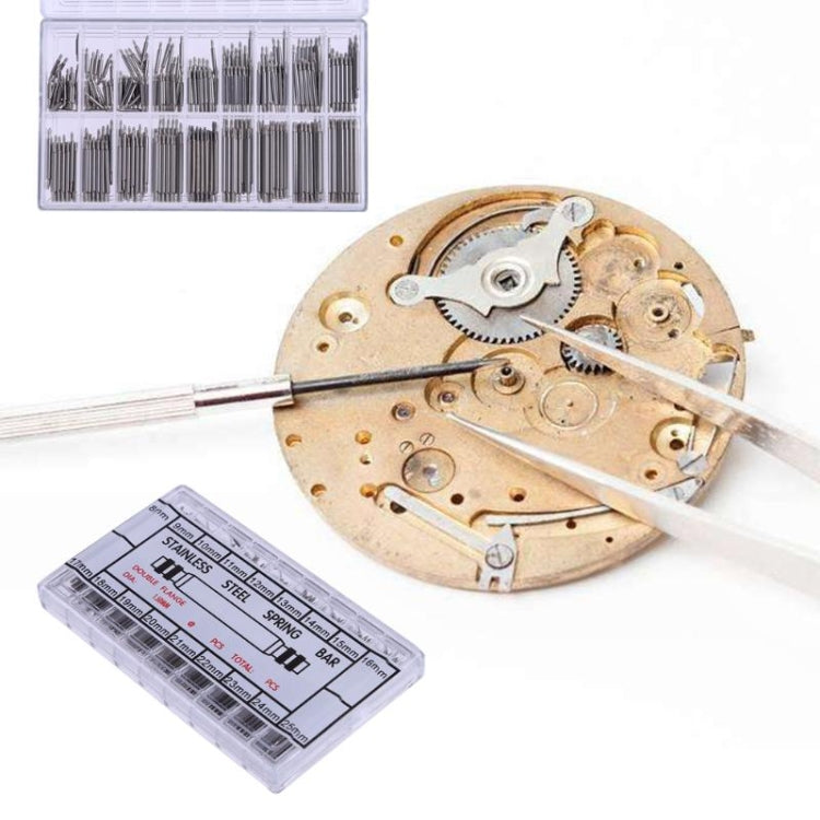 Stainless steel spring bars set, shown with watch movement and clear storage case
