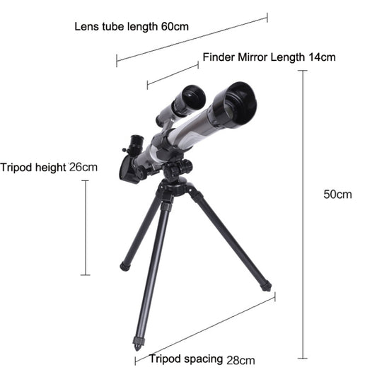 Astronomical telescope with tripod and labeled length measurements