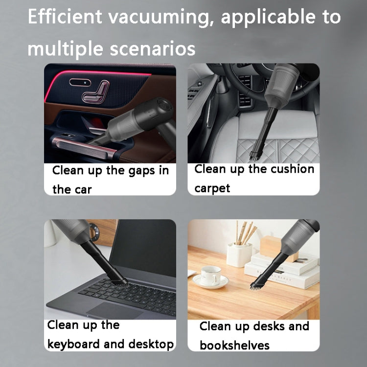 Handheld vacuum cleaner cleaning car seats, carpet, keyboard, and desk surfaces