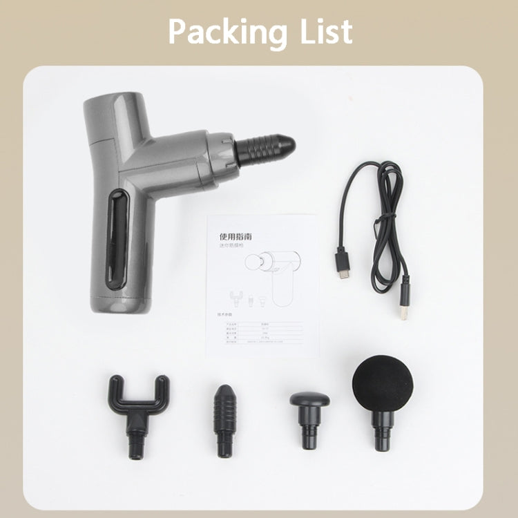 Grey fascia gun kit with charging cable and four interchangeable massage heads