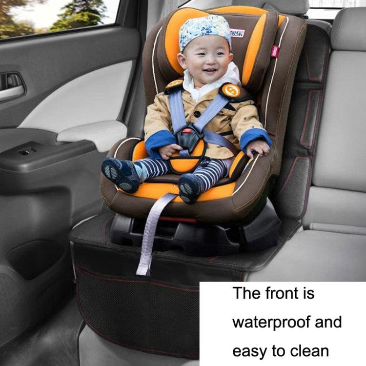 Black anti-slip seat protector with red piping on car seat, front area