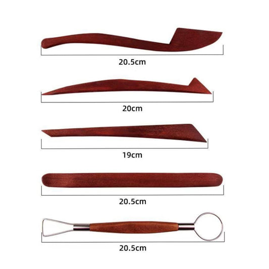 Wooden clay sculpting tools with wedge and loop heads; labeled dimensions