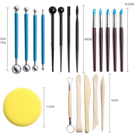 Assorted pottery sculpting tools with blue and black handles, wooden tools, yellow sponge