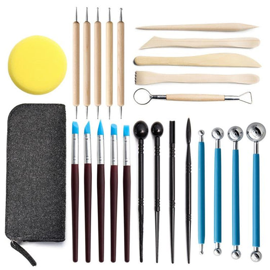 Pottery sculpting tool set with wooden handles, metal loop tools, blue tips, sponge