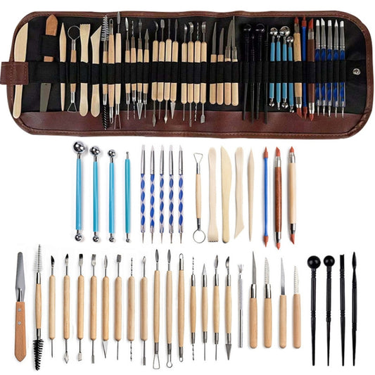 Clay tool set with storage pouch, light wood handles and assorted metal sculpting tips.