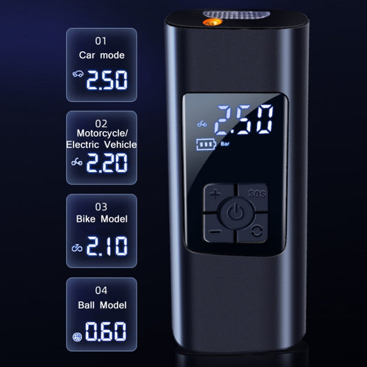 Car electric air pump with digital screen, mode buttons, and charging interface