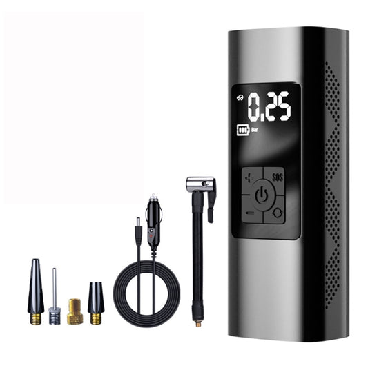Car portable digital air pump with LED display, hose, and multiple nozzle adapters