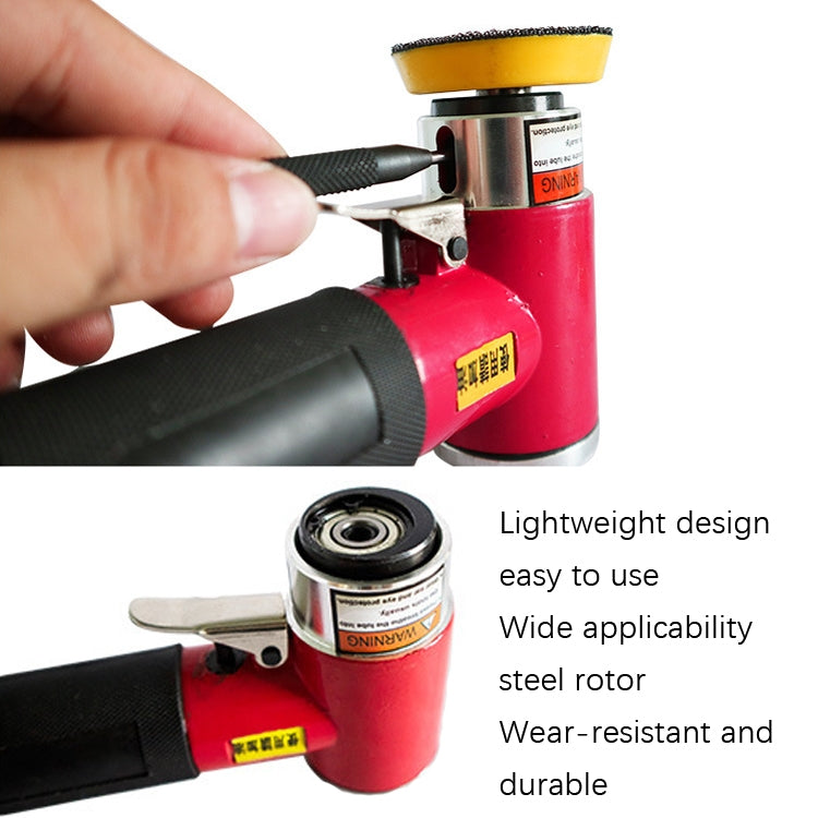 Closeup of red pneumatic polisher with yellow pad and black textured handle