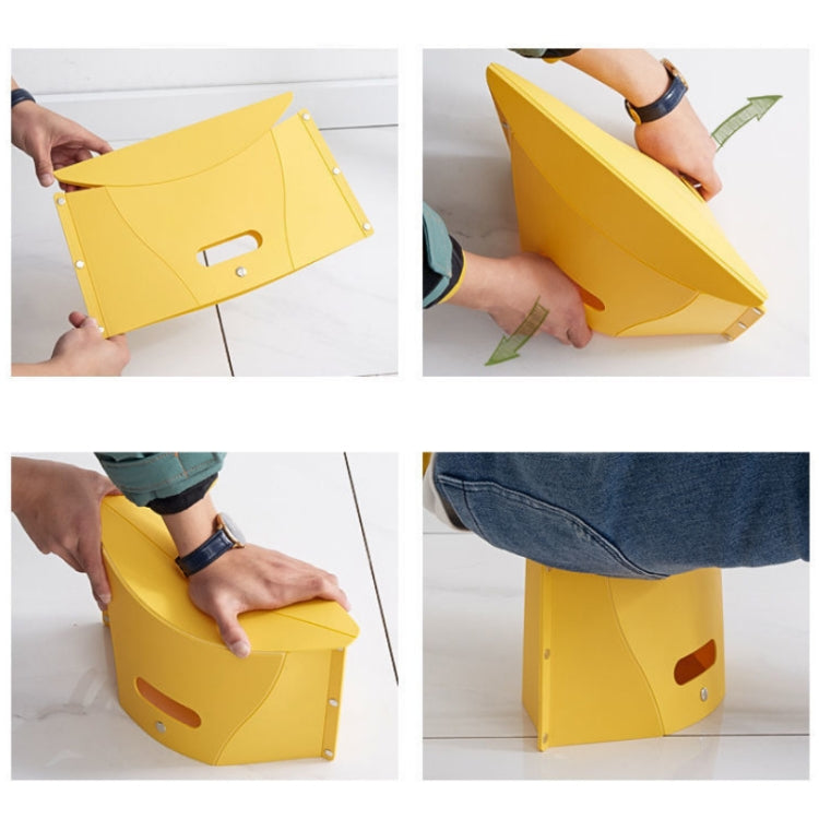 Yellow folding plastic stool shown unfolding and folding in steps