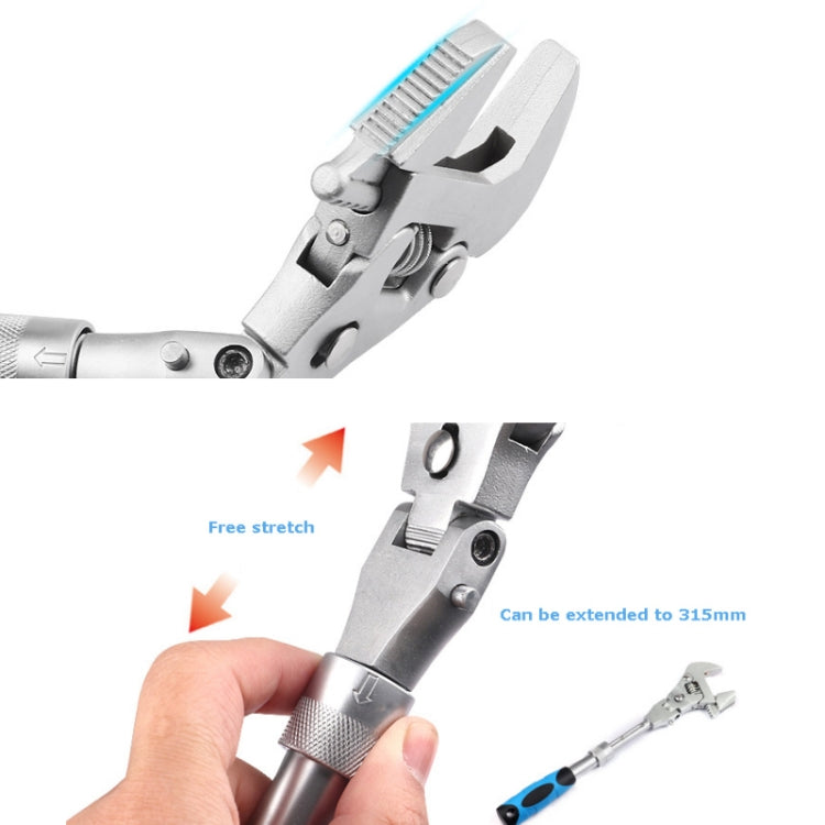 Expandable folding ratchet wrench with extended shaft and serrated jaw