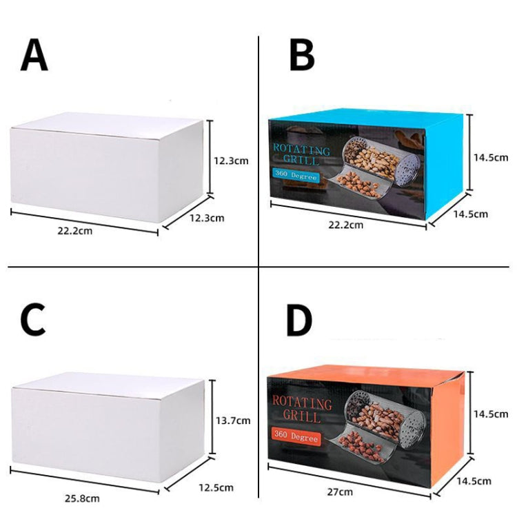 Rotating grill roasting cage box with size diagram showing options A–D