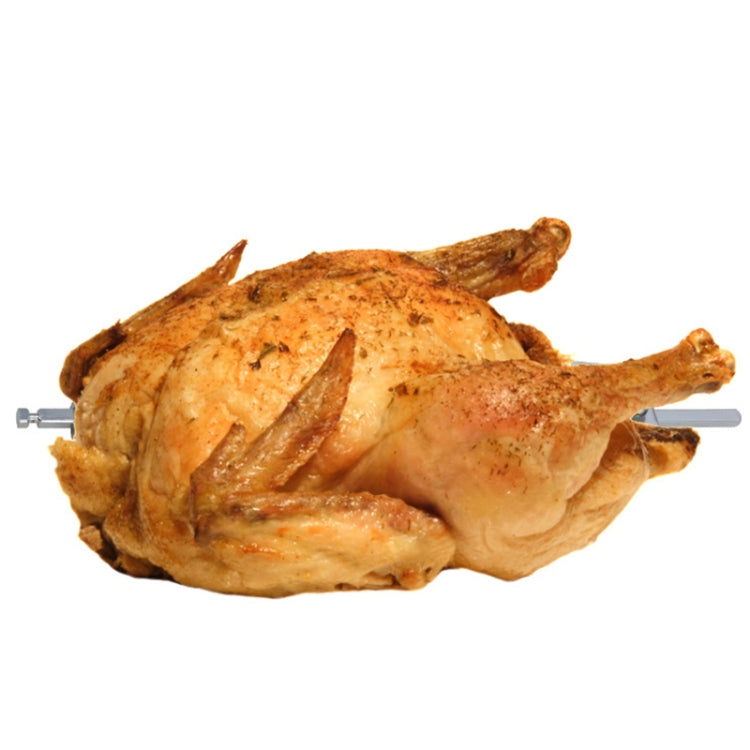 Rotisserie chicken on a stainless steel skewer fork with two-prong prongs