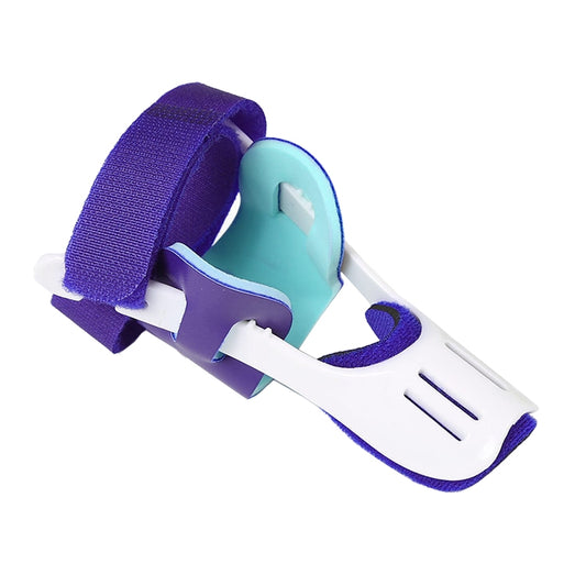Blue and white big toe separator brace with turquoise inner pad and hook-and-loop strap