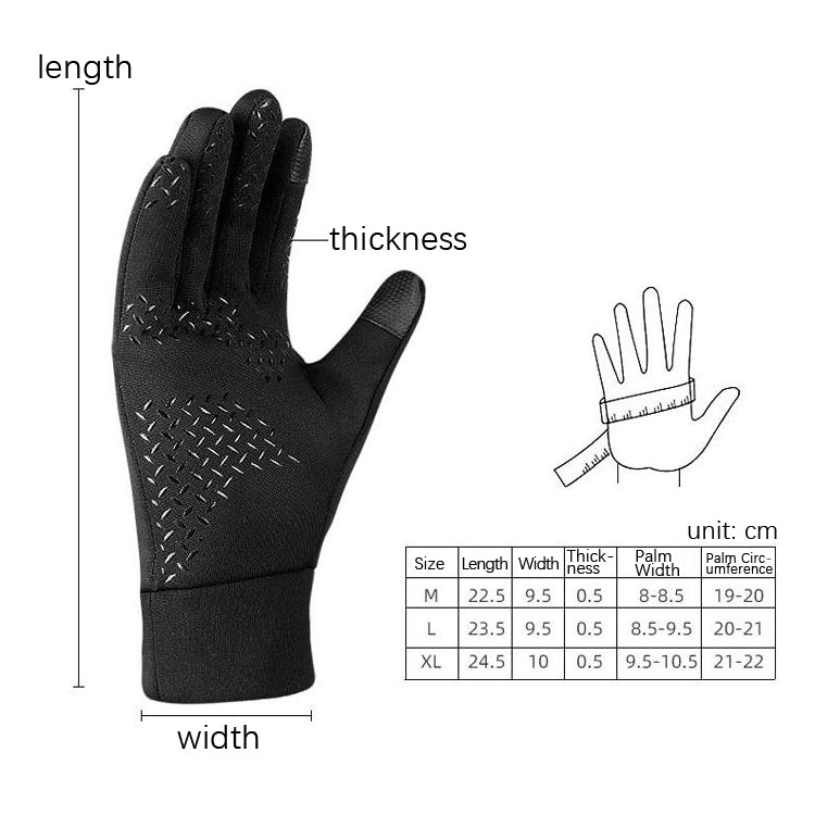 Black glove size chart diagram with length and width measurement lines
