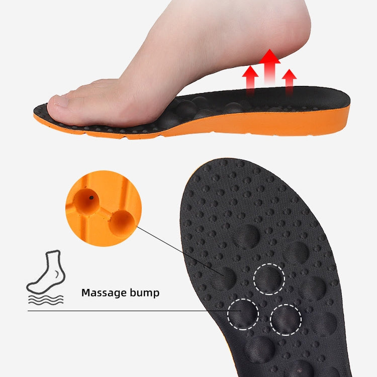 Insole with massage bumps underfoot, black textured forefoot, and orange heel support
