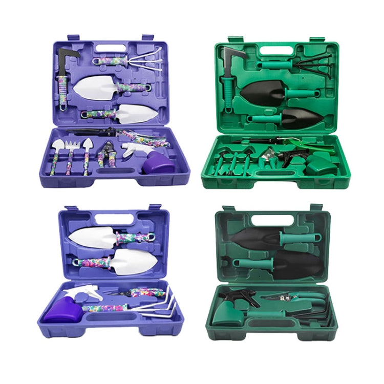 Gardening tool sets in purple and green open cases with assorted tools