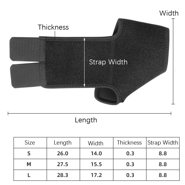 Black ankle brace with wide strap and open heel, showing length, width, thickness
