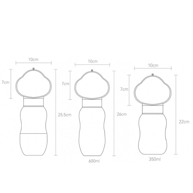 Pet water bottle size chart with flip drinking cup, 350ml and 600ml