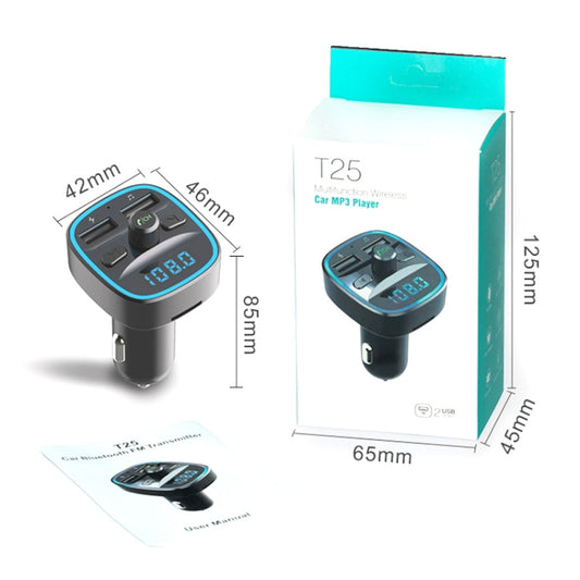 T25 car MP3 Bluetooth player charger product box showing front view and device details