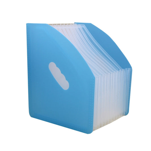 Standing paper organizer clip with blue outer cover and white inner pages