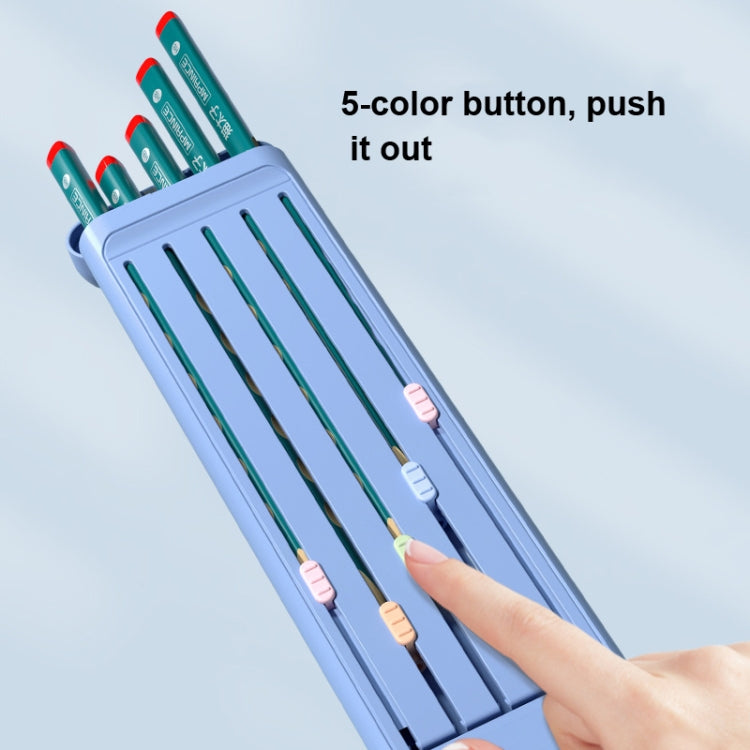 Blue pencil case with 5 pencils shown through divider slots and push-out tray