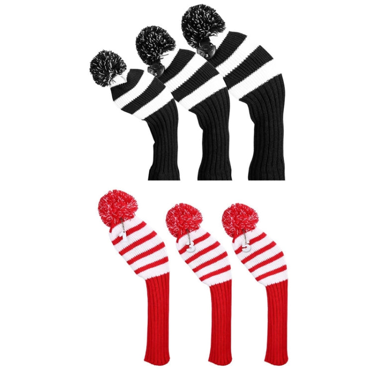 Black and red striped knitted golf club covers with pom-pom tops, combined set