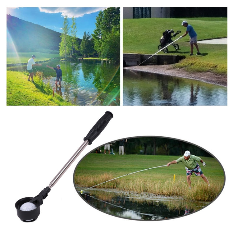 Black foldable golf ball picker with stainless steel telescopic rod and round scoop head