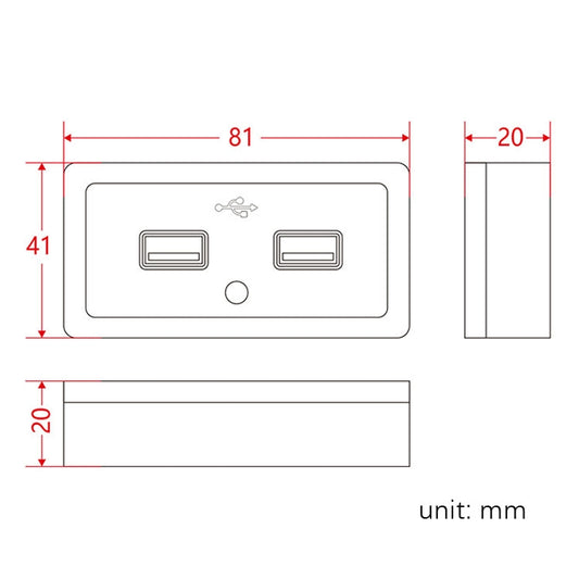 Dual USB car charger panel dimensions diagram with mm measurements