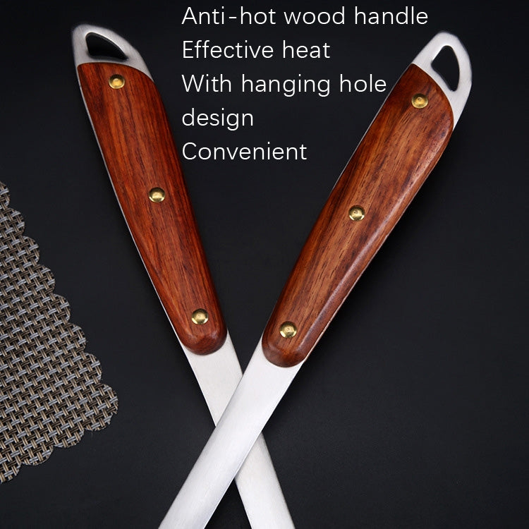 Stainless steel kitchen spatulas with wooden handles, hanging holes, anti-hot design