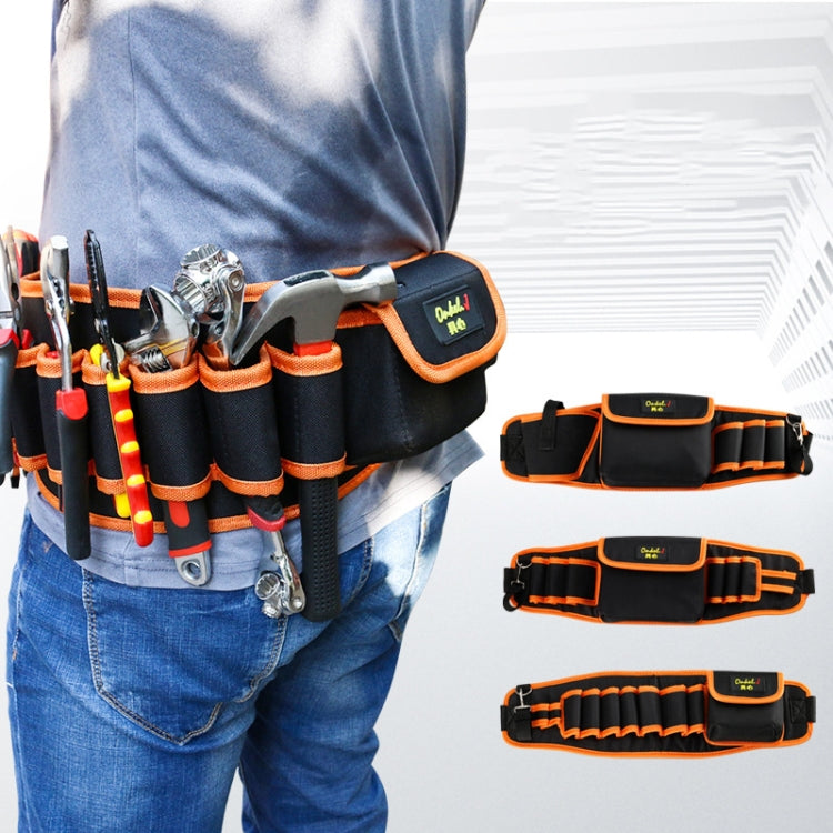 Waist-mounted black and orange tool bag with multiple holsters and central pouch