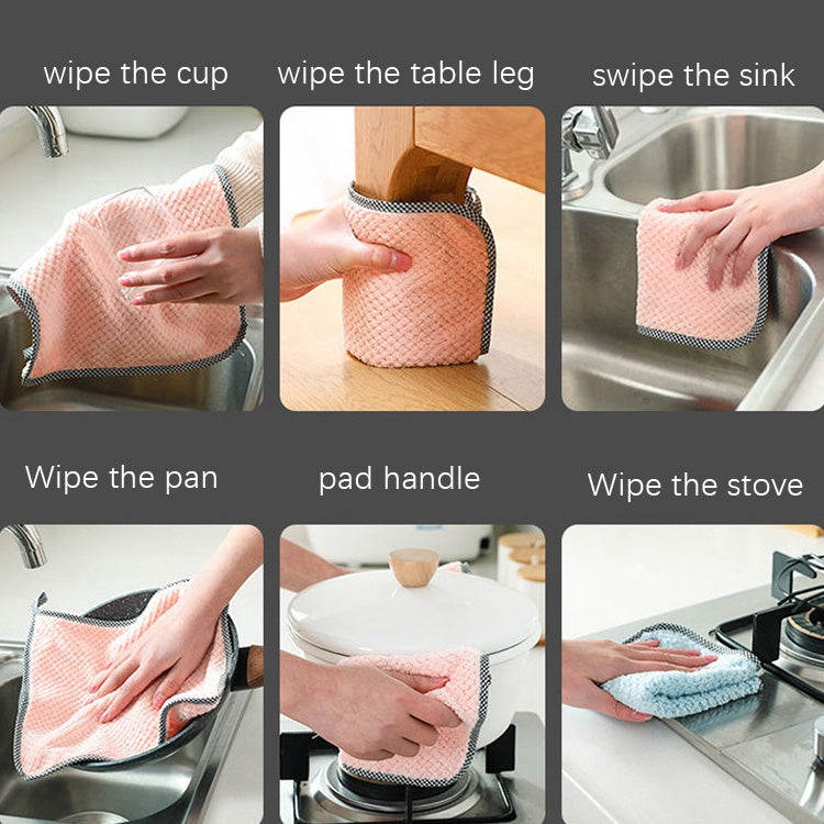 Assorted kitchen cleaning cloths for wiping cup, table, sink, and stove